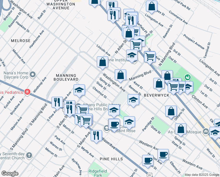 map of restaurants, bars, coffee shops, grocery stores, and more near 127 West Lawrence Street in Albany