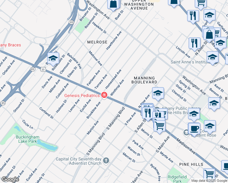 map of restaurants, bars, coffee shops, grocery stores, and more near 22 Winthrop Avenue in Albany