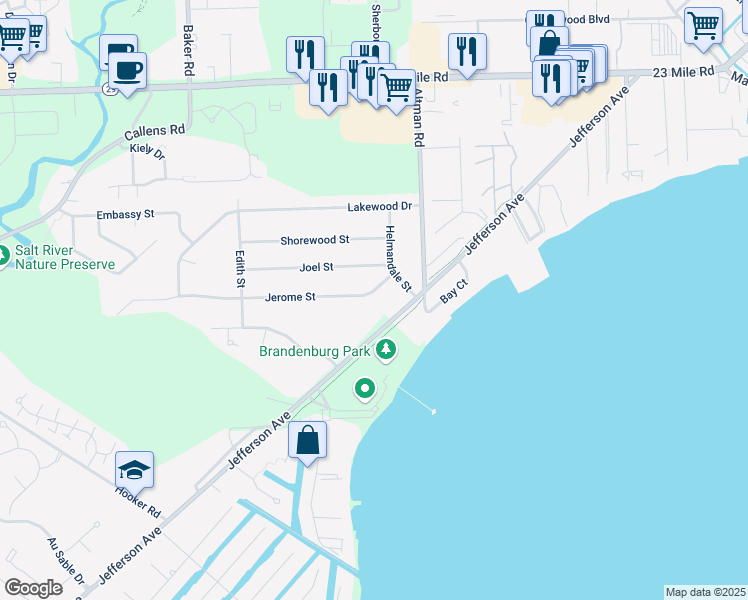 map of restaurants, bars, coffee shops, grocery stores, and more near 34732 Jerome Street in New Baltimore