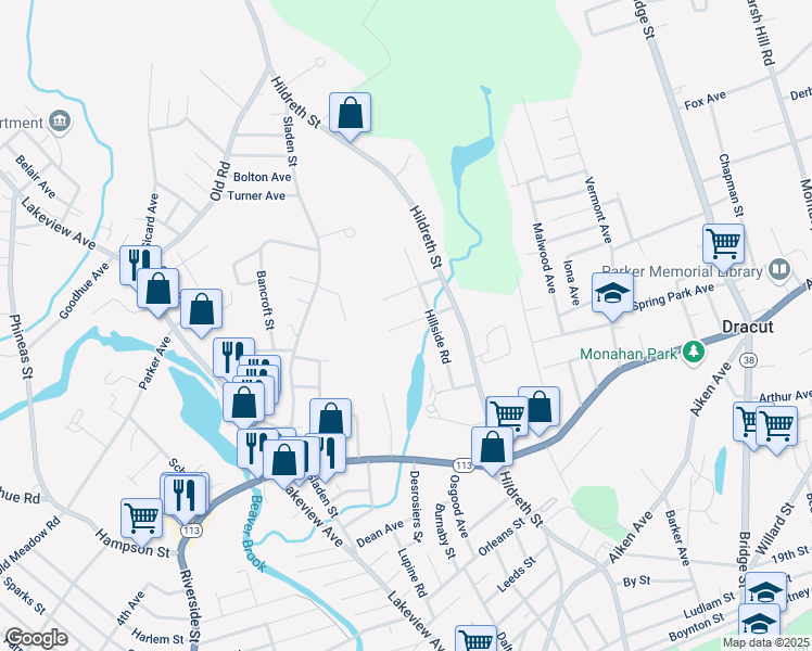 map of restaurants, bars, coffee shops, grocery stores, and more near 65 Burdette Road in Dracut