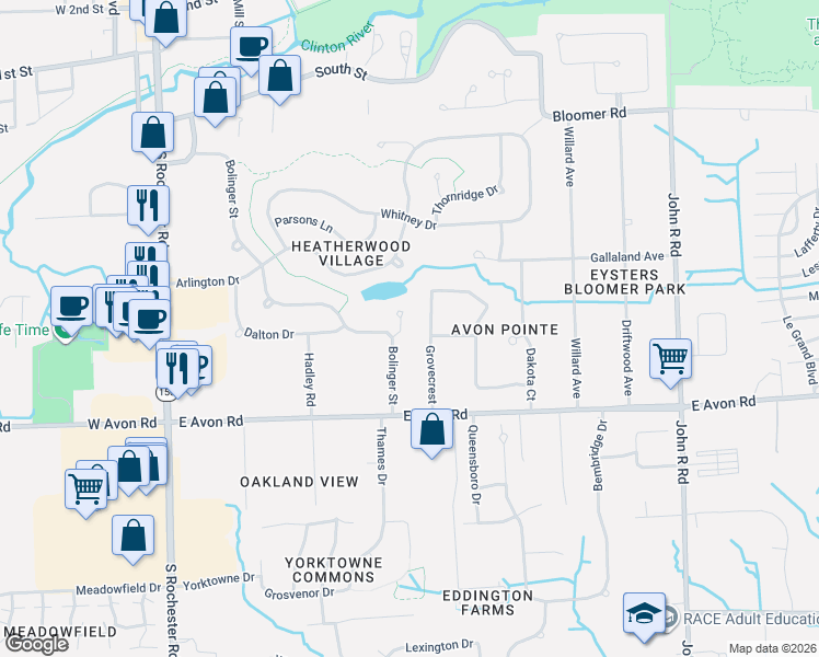 map of restaurants, bars, coffee shops, grocery stores, and more near 785 Kirkton Court in Rochester Hills