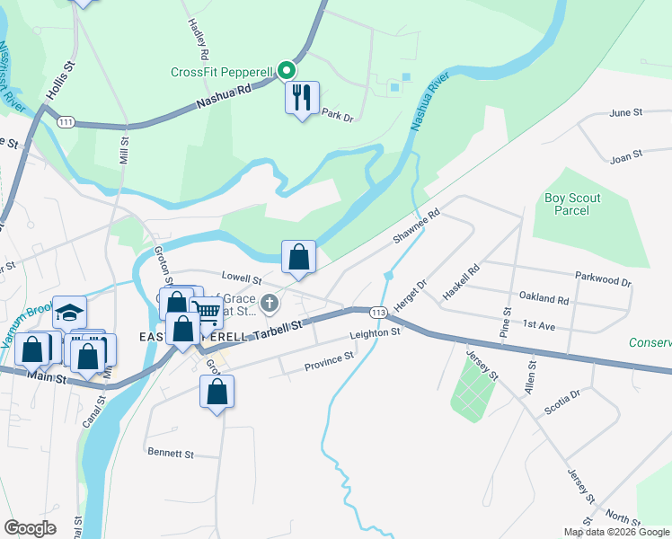 map of restaurants, bars, coffee shops, grocery stores, and more near 6 Shawnee Road in Pepperell
