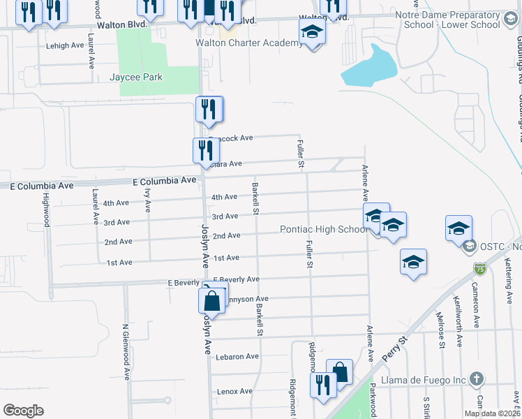 map of restaurants, bars, coffee shops, grocery stores, and more near 631 3rd Ave in Pontiac