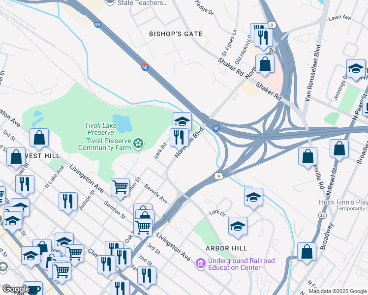map of restaurants, bars, coffee shops, grocery stores, and more near 1 Dudley Heights in Albany