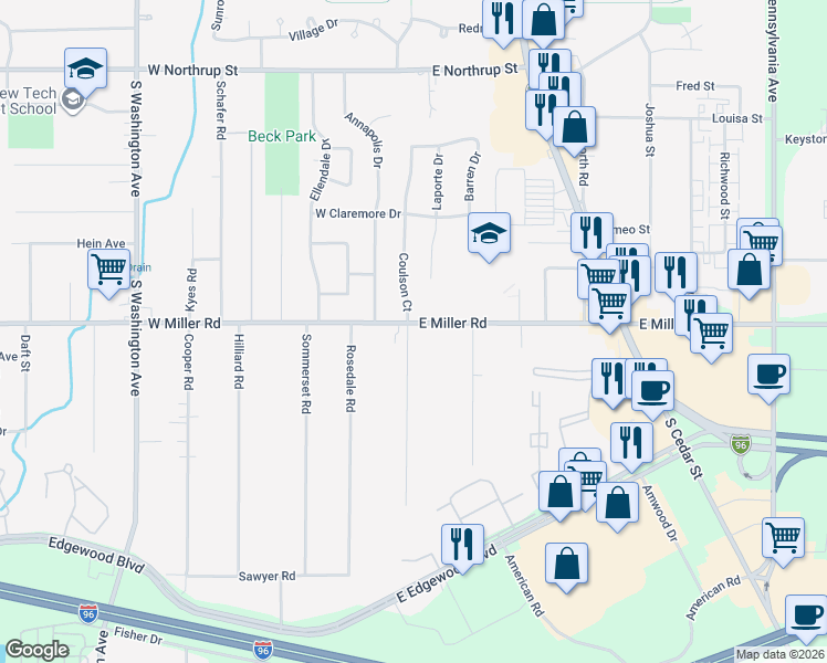 map of restaurants, bars, coffee shops, grocery stores, and more near 6109 Coulson Court in Lansing