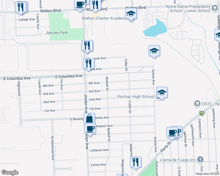 map of restaurants, bars, coffee shops, grocery stores, and more near 631 3rd Avenue in Pontiac