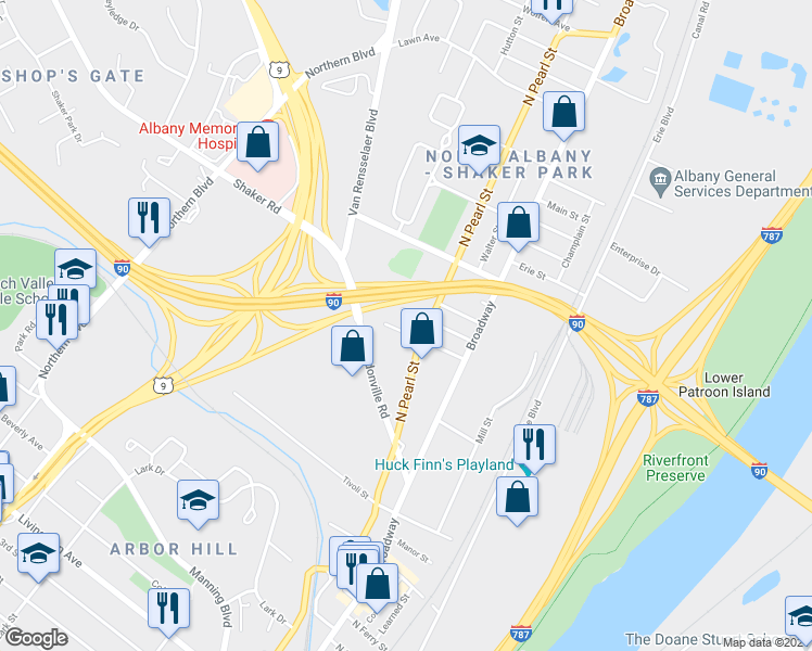 map of restaurants, bars, coffee shops, grocery stores, and more near 49 Emmet Street in Albany