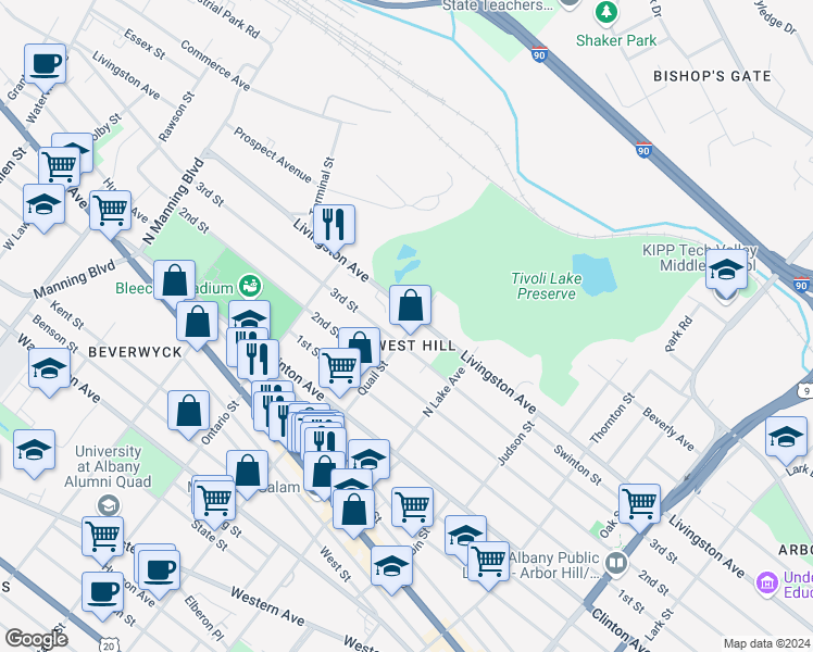 map of restaurants, bars, coffee shops, grocery stores, and more near 9 Quail Street in Albany