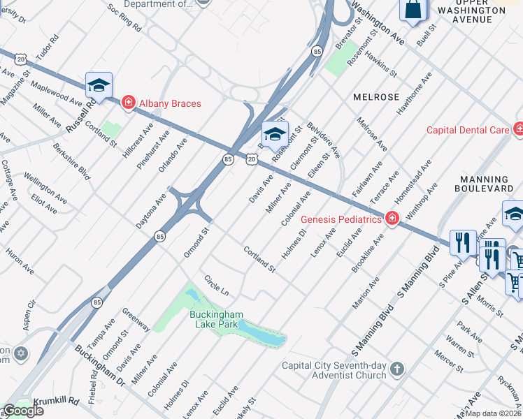 map of restaurants, bars, coffee shops, grocery stores, and more near 26 Milner Avenue in Albany