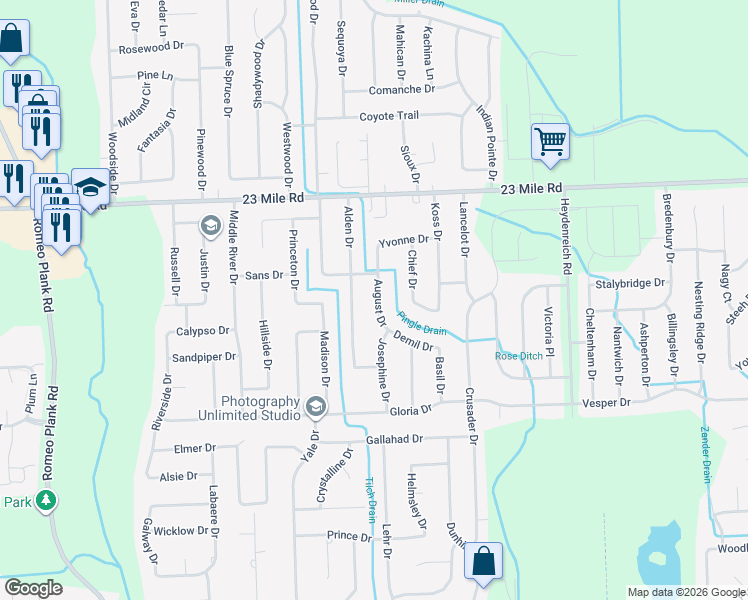 map of restaurants, bars, coffee shops, grocery stores, and more near 50383 August Drive in Macomb
