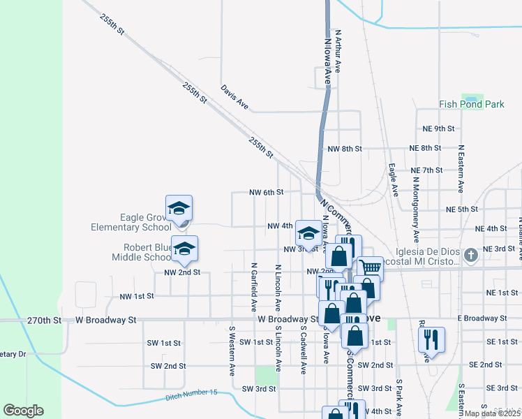 map of restaurants, bars, coffee shops, grocery stores, and more near 501-599 North Garfield Avenue in Eagle Grove