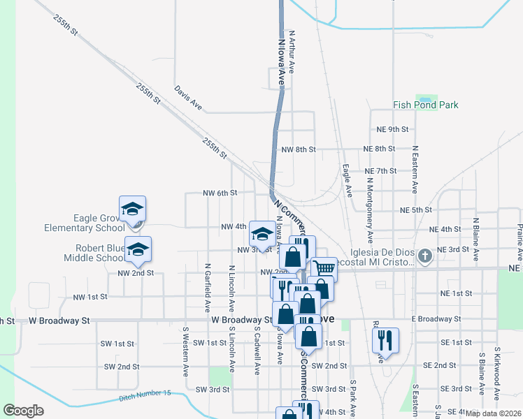 map of restaurants, bars, coffee shops, grocery stores, and more near 515 North Cadwell Avenue in Eagle Grove