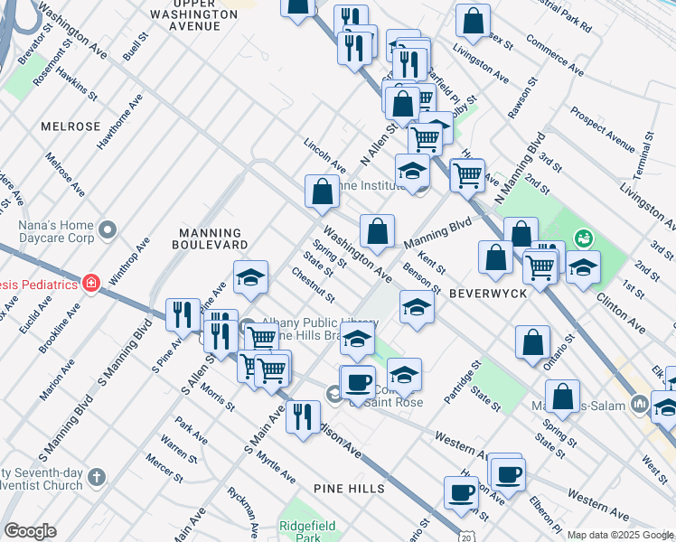 map of restaurants, bars, coffee shops, grocery stores, and more near 127 West Lawrence Street in Albany