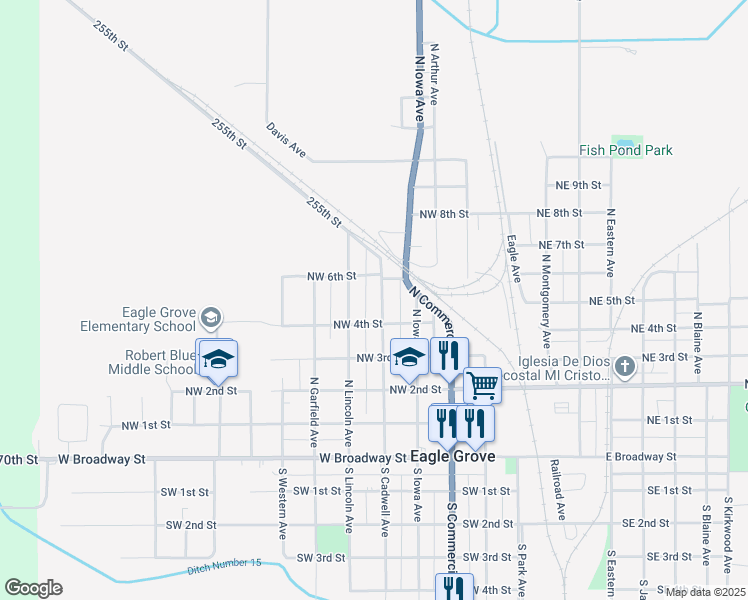 map of restaurants, bars, coffee shops, grocery stores, and more near 515 North Cadwell Avenue in Eagle Grove