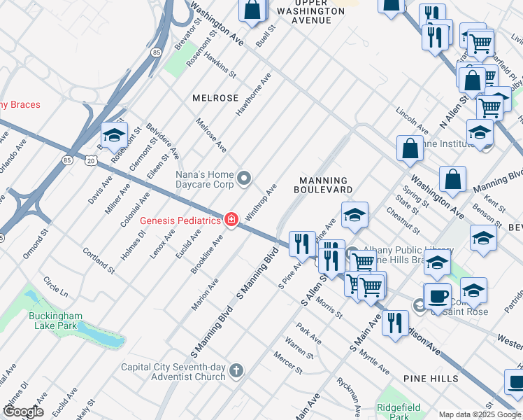 map of restaurants, bars, coffee shops, grocery stores, and more near 27 Winthrop Avenue in Albany