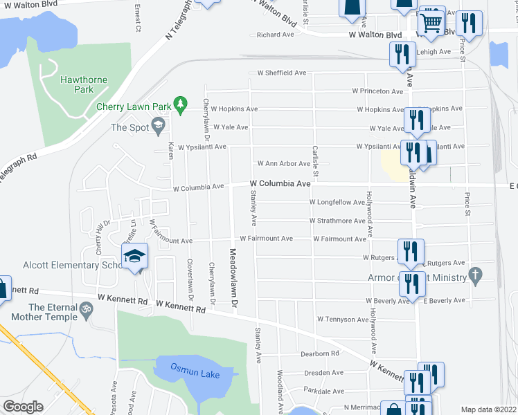 map of restaurants, bars, coffee shops, grocery stores, and more near 265 W Longfellow Ave in Pontiac