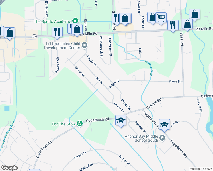 map of restaurants, bars, coffee shops, grocery stores, and more near 50426 Jim Drive in New Baltimore