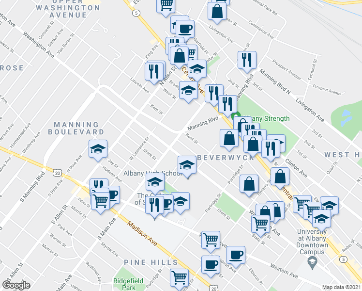 map of restaurants, bars, coffee shops, grocery stores, and more near 202 Benson Street in Albany