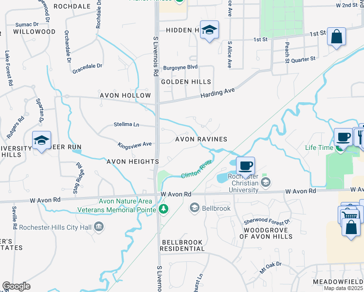 map of restaurants, bars, coffee shops, grocery stores, and more near 878 River Bend Drive in Rochester Hills