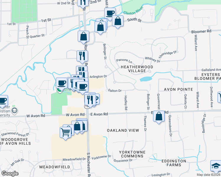 map of restaurants, bars, coffee shops, grocery stores, and more near 275 Dalton Drive in Rochester Hills