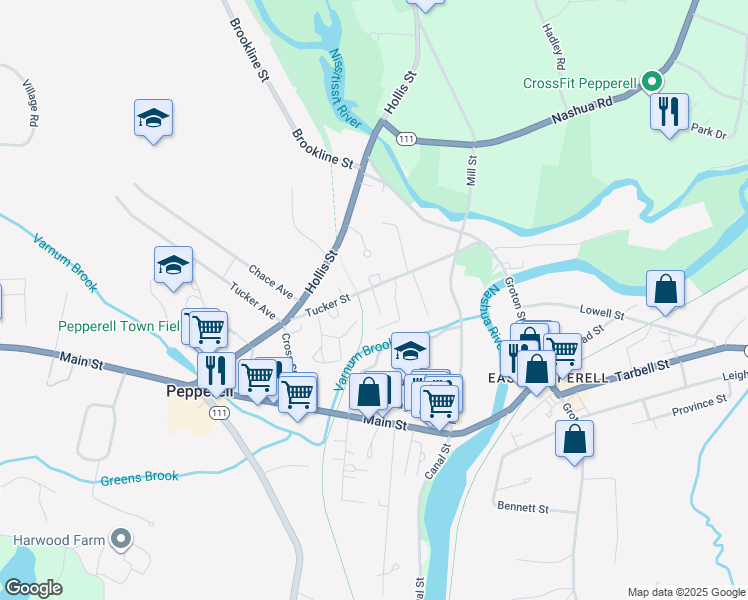 map of restaurants, bars, coffee shops, grocery stores, and more near 17 Tucker Street in Pepperell