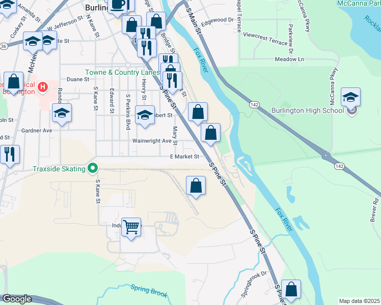 map of restaurants, bars, coffee shops, grocery stores, and more near 372 East Market Street in Burlington