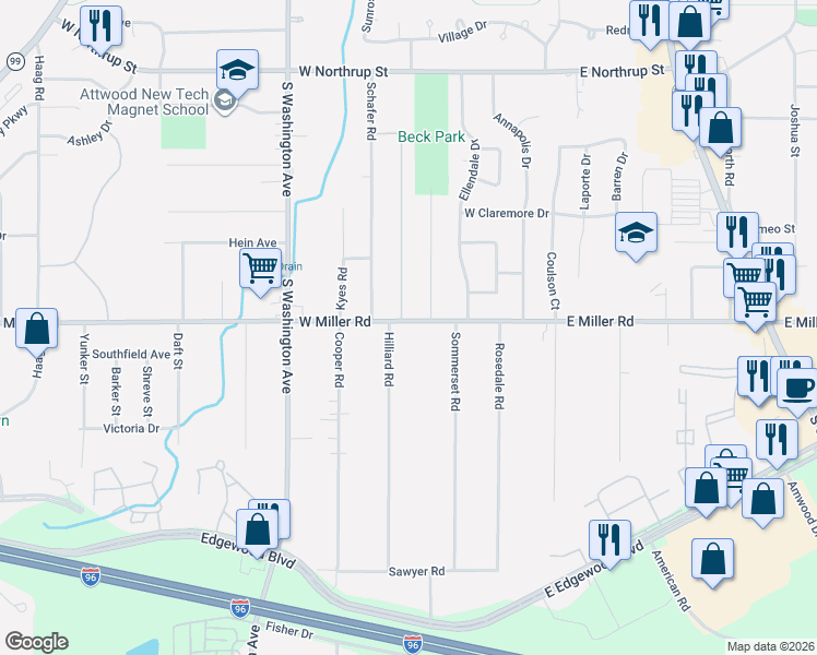 map of restaurants, bars, coffee shops, grocery stores, and more near 417 W Miller Rd in Lansing