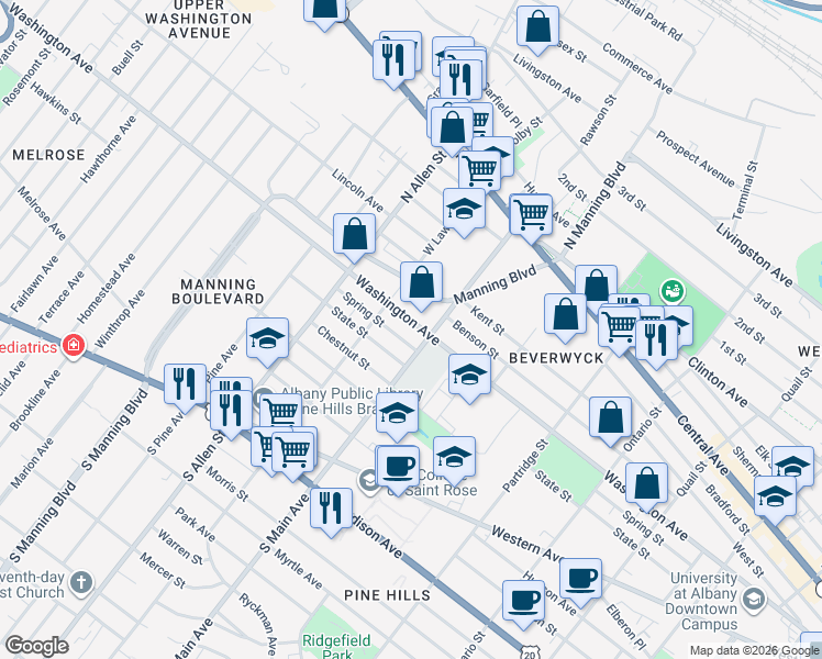 map of restaurants, bars, coffee shops, grocery stores, and more near 790 Washington Avenue in Albany