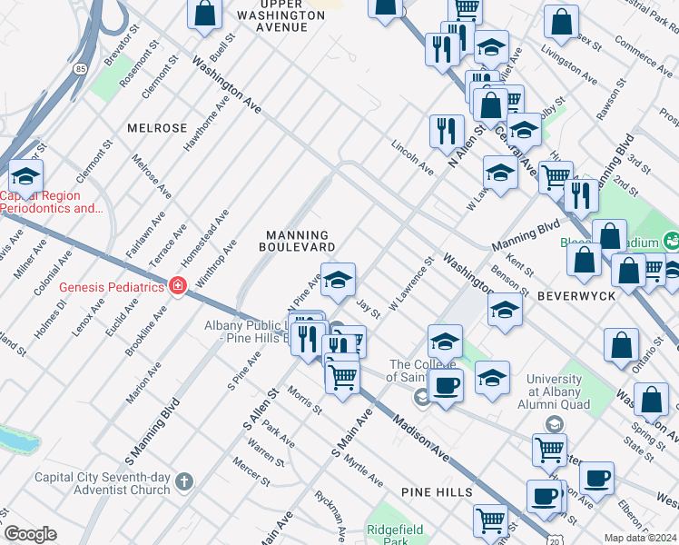 map of restaurants, bars, coffee shops, grocery stores, and more near 71 North Pine Avenue in Albany