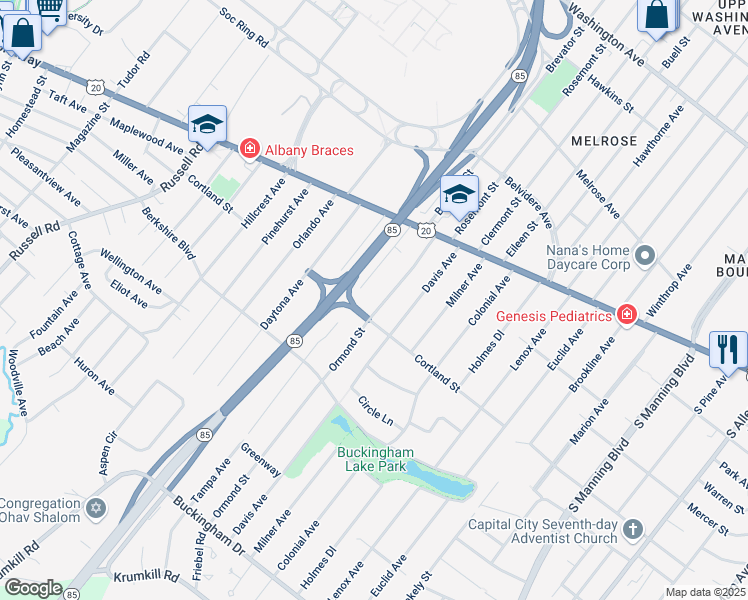 map of restaurants, bars, coffee shops, grocery stores, and more near 44 Ormond Street in Albany