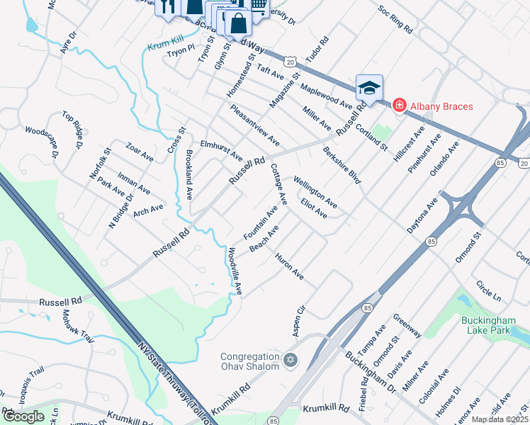 map of restaurants, bars, coffee shops, grocery stores, and more near 27 Fountain Avenue in Albany