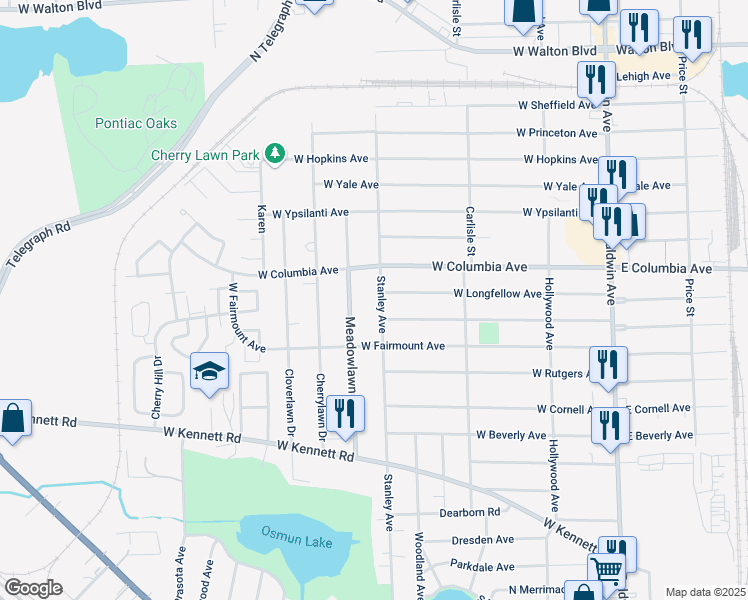 map of restaurants, bars, coffee shops, grocery stores, and more near 265 West Longfellow Avenue in Pontiac