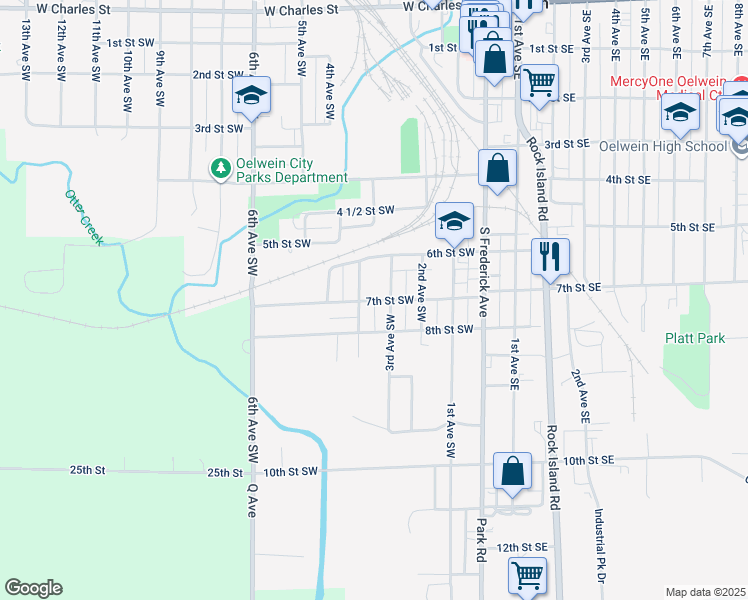 map of restaurants, bars, coffee shops, grocery stores, and more near 352 7th Street Southwest in Oelwein