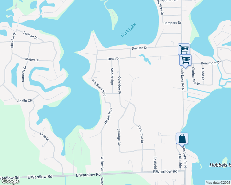 map of restaurants, bars, coffee shops, grocery stores, and more near 2200 James Drive in Highland Charter Township
