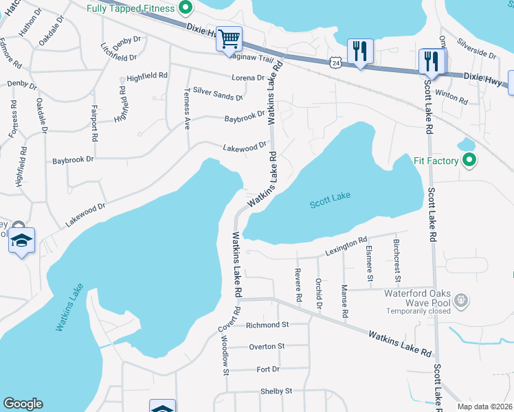 map of restaurants, bars, coffee shops, grocery stores, and more near 2060 Watkins Lake Road in Oakland County