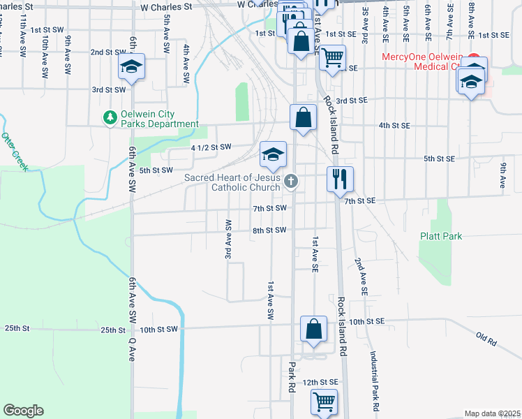 map of restaurants, bars, coffee shops, grocery stores, and more near 150 7th Street Southwest in Oelwein