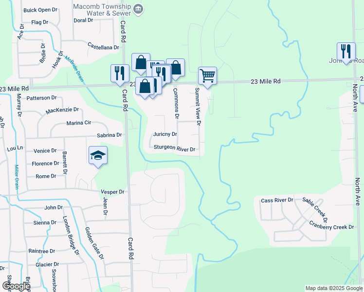 map of restaurants, bars, coffee shops, grocery stores, and more near 50468 Commons Drive in Macomb