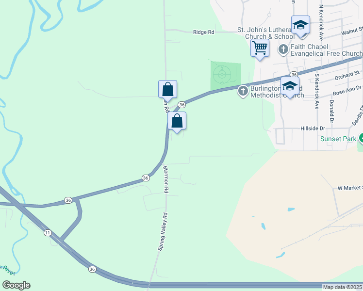 map of restaurants, bars, coffee shops, grocery stores, and more near 5307 Mormon Road in Burlington