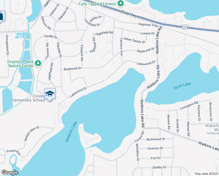 map of restaurants, bars, coffee shops, grocery stores, and more near 3895 Lakewood Drive in Waterford Township