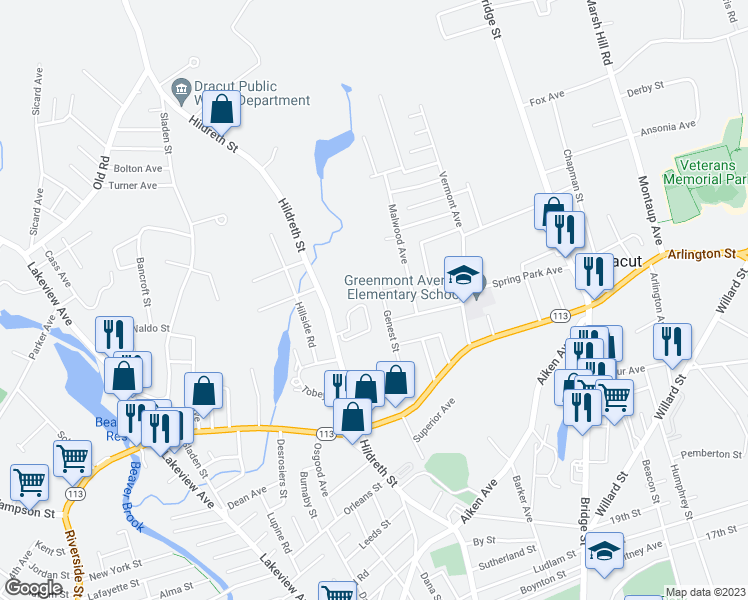 map of restaurants, bars, coffee shops, grocery stores, and more near 96 Genest Street in Dracut