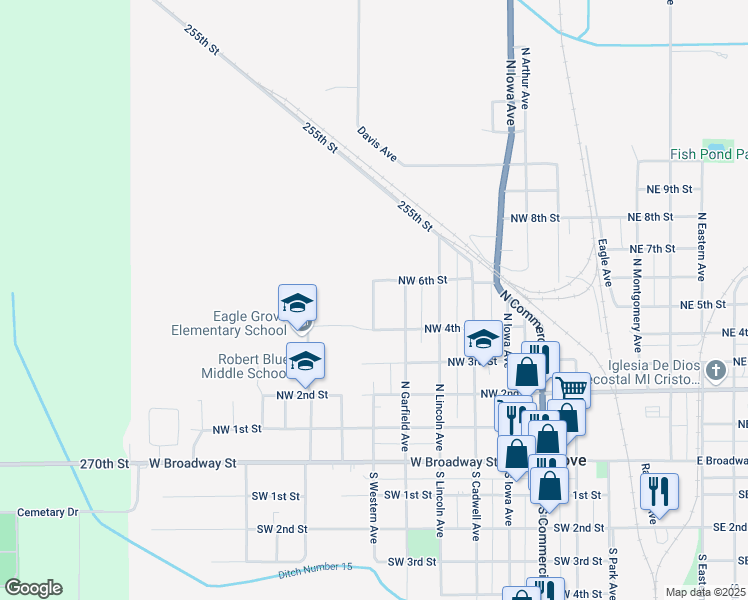 map of restaurants, bars, coffee shops, grocery stores, and more near 511 Nickellane Avenue in Eagle Grove