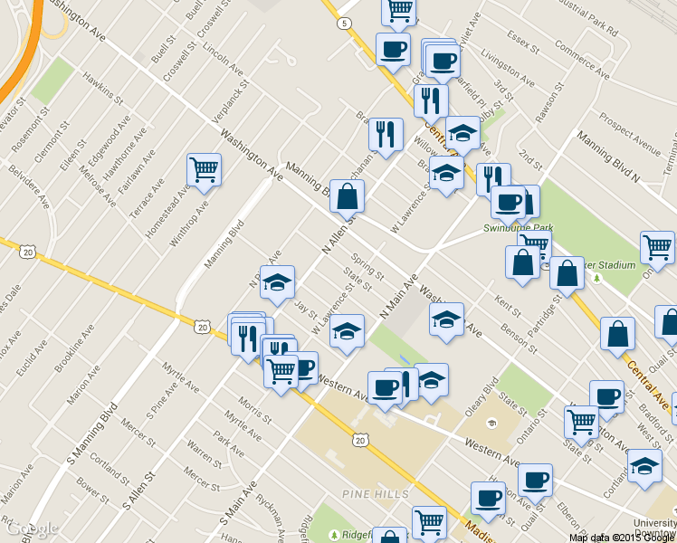 map of restaurants, bars, coffee shops, grocery stores, and more near 845 Chestnut Street in Albany