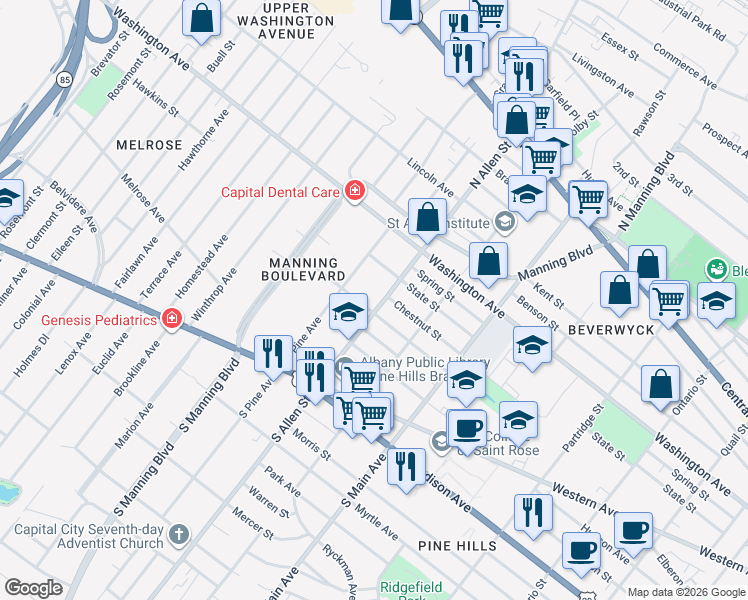 map of restaurants, bars, coffee shops, grocery stores, and more near in Albany