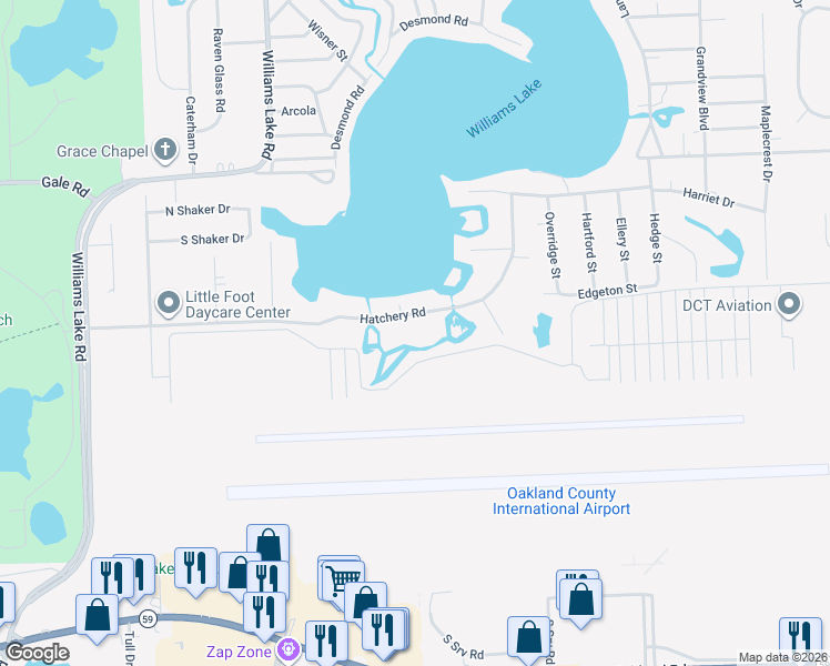 map of restaurants, bars, coffee shops, grocery stores, and more near 7003 Hatchery Road in Waterford Township