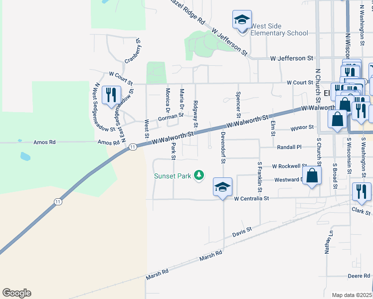 map of restaurants, bars, coffee shops, grocery stores, and more near 101 Ridgway Court in Elkhorn