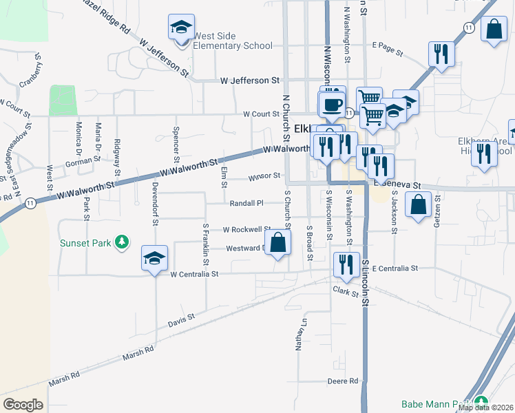 map of restaurants, bars, coffee shops, grocery stores, and more near 223 Randall Place in Elkhorn