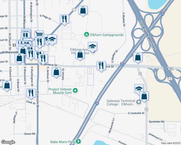 map of restaurants, bars, coffee shops, grocery stores, and more near 473 East Geneva Street in Elkhorn