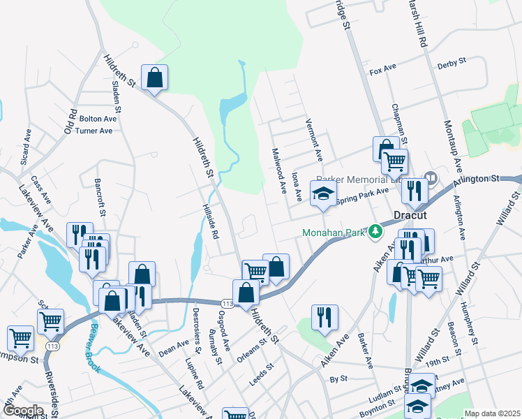 map of restaurants, bars, coffee shops, grocery stores, and more near 98 Genest Street in Dracut