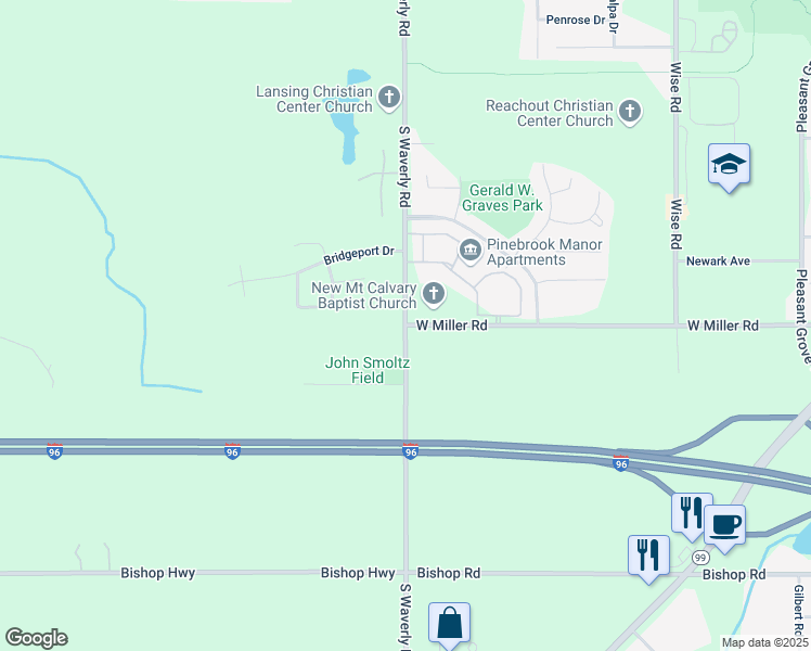 map of restaurants, bars, coffee shops, grocery stores, and more near W Miller Rd & Waverly Rd in Lansing