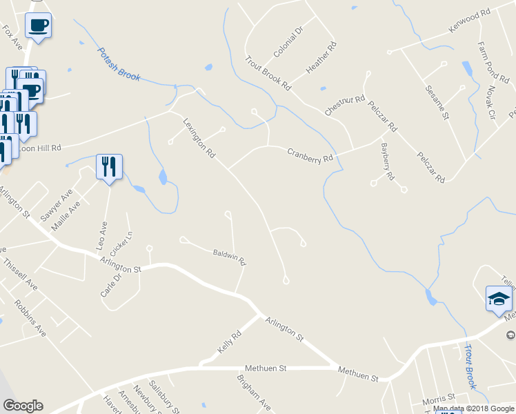 map of restaurants, bars, coffee shops, grocery stores, and more near 127 Lexington Road in Dracut